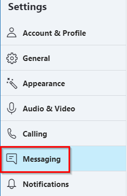 a list of settings available for Skype