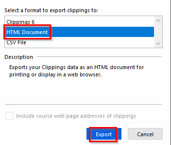 exporting the clippings as a HTML file