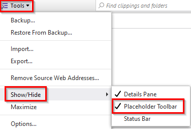 enabling the placeholder toolbar in Clippings Manager