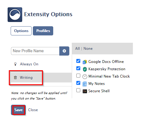 saving the created profile in Extensity