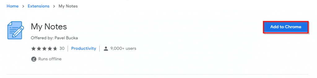 My Notes Chrome add-on in Web Store