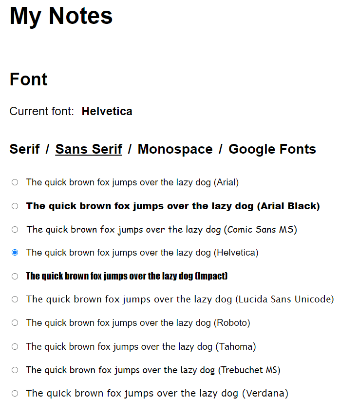 changing font and appearance settings in My Notes