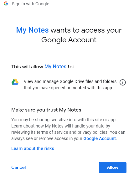 allowing My Notes to access Google account for Google Drive 