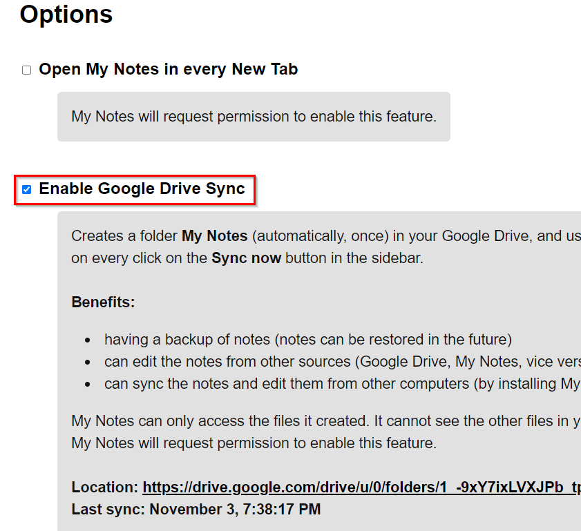 enable Google Drive backup of My Notes