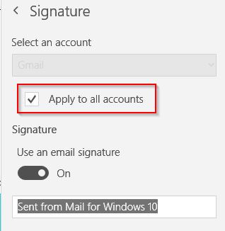 email signature settings in Windows 10 Mail app 