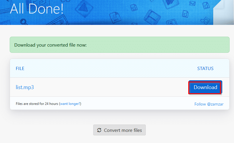 file converted and available for download using Zamzar
