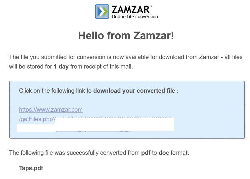 file link for download from Zamzar when it was converted via email