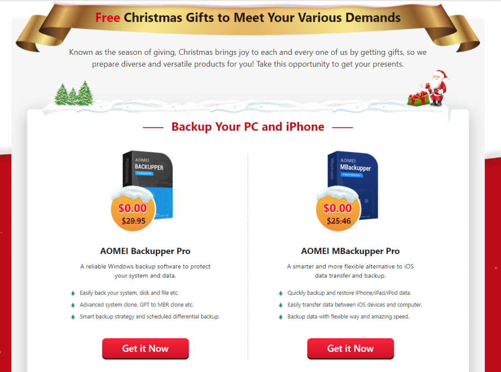 Different software products based on categories in AOMEI Christmas carnival giveaway