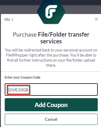 applying giveaway coupon to FileWhopper checkout page