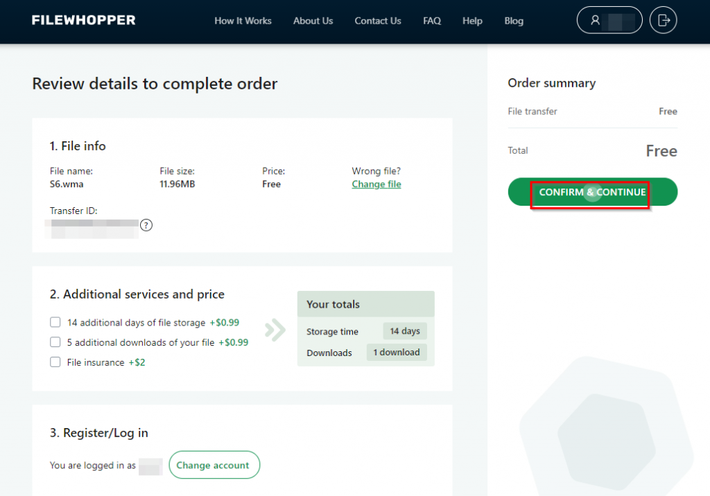 confirming file transfer details using FileWhopper