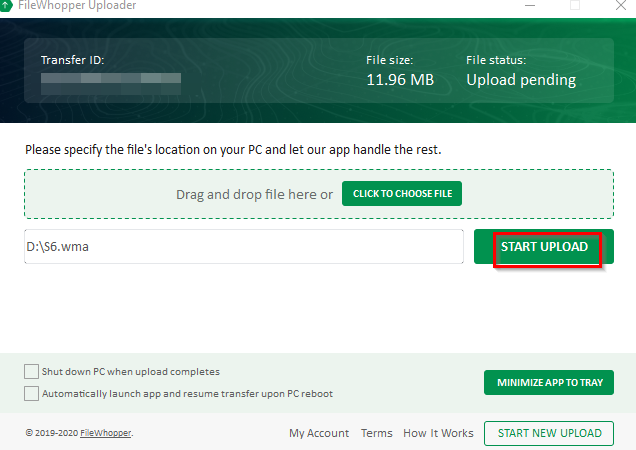 beginning file upload using FileWhopper uploader app