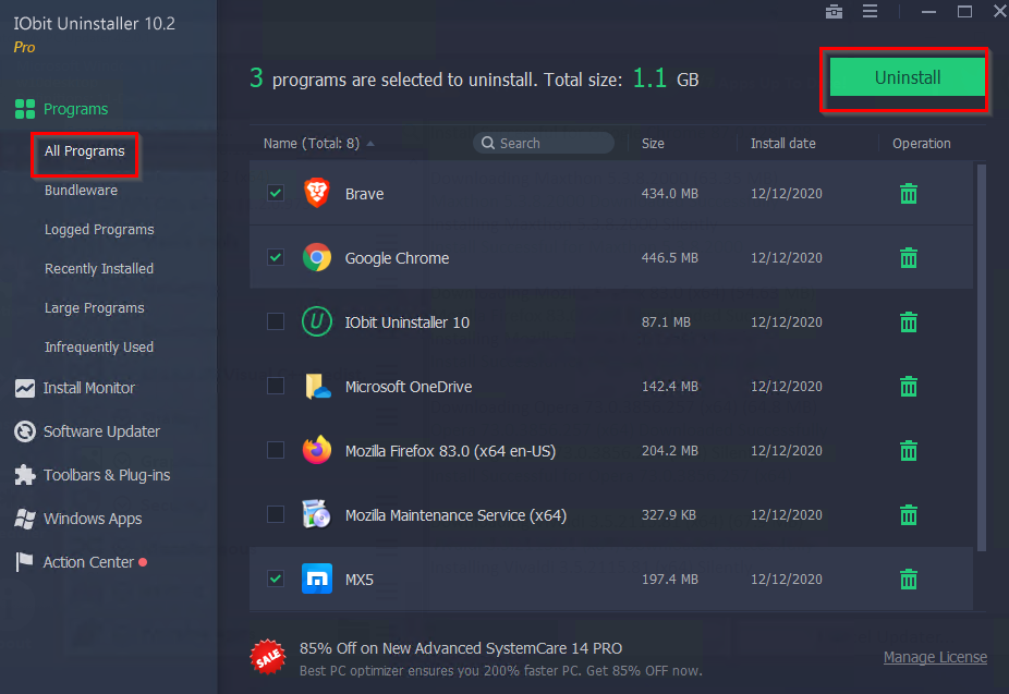 selecting programs to uninstall using IObit Uninstaller Pro