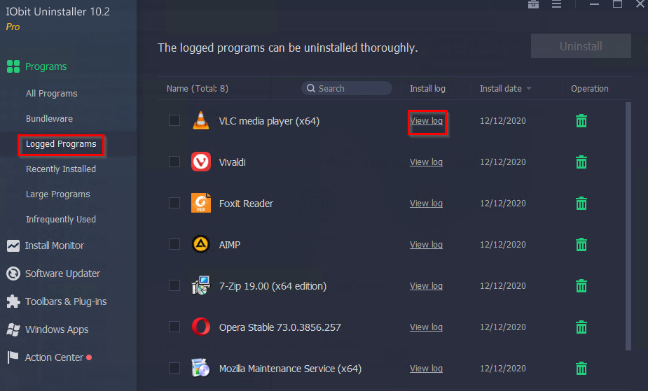 A list of logged programs displayed in IObit Uninstaller Pro