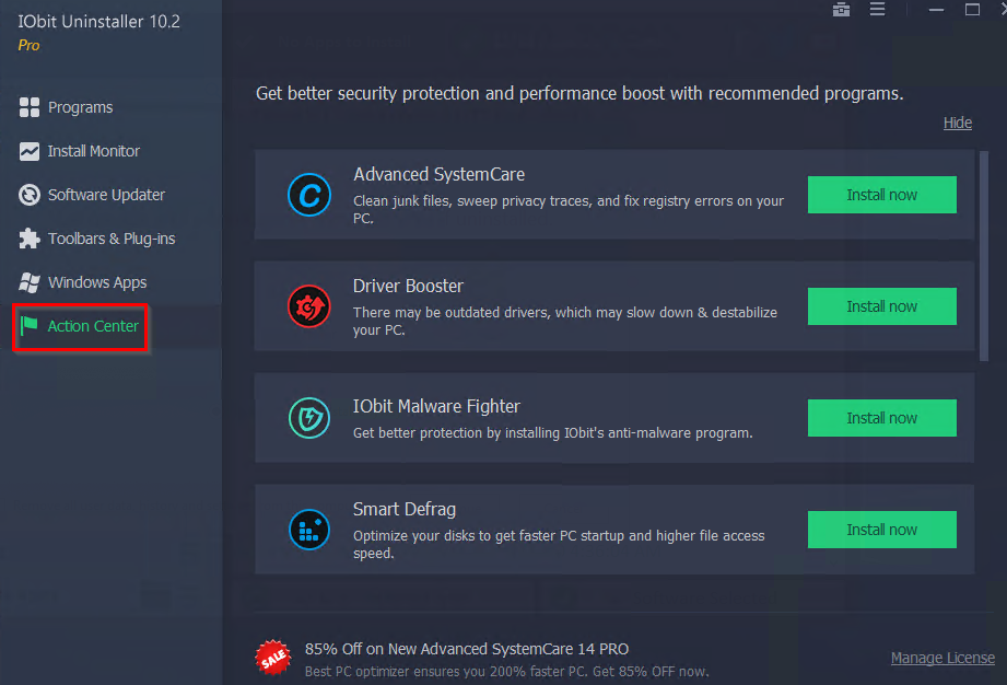 Action Center in IObit Uninstaller Pro