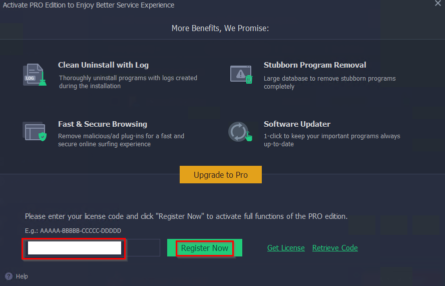 entering the giveaway license code for IObit Uninstaller Pro