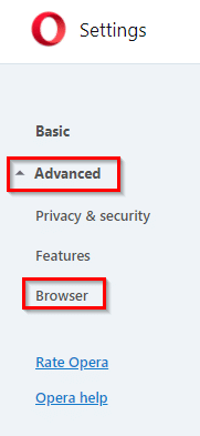 advanced settings in Opera 