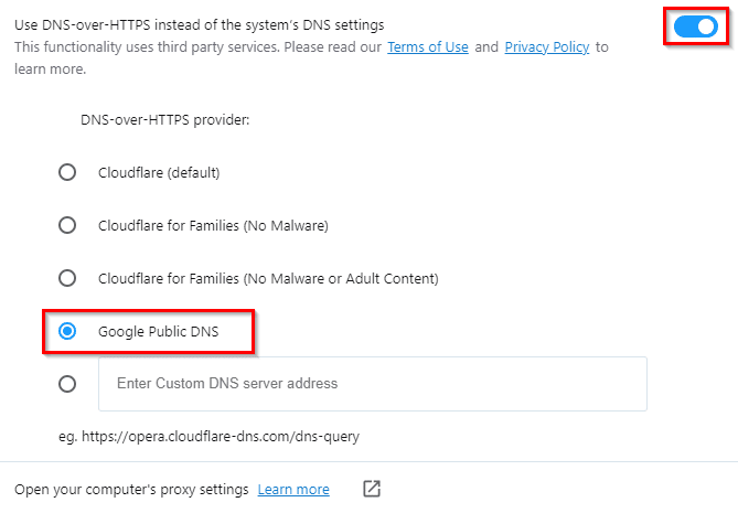 choosing a DNS-over-HTTPS resolver in Opera 