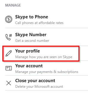 accessing profile options through the skype app