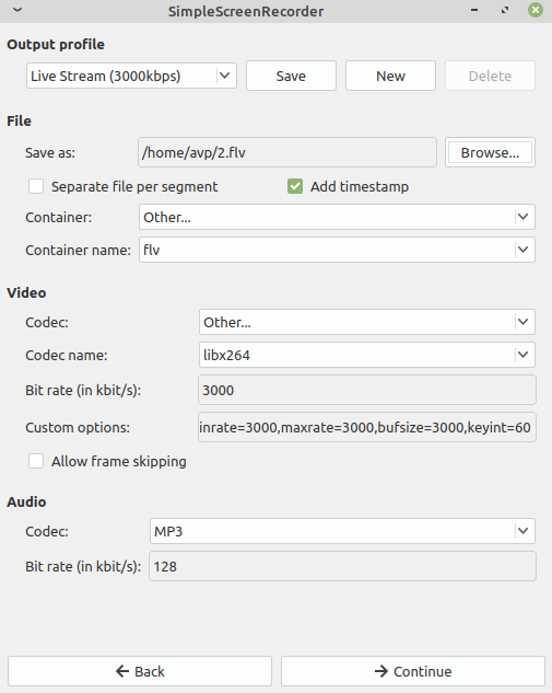 presets when Live Stream is selected as output profile in SimpleScreenRecorder