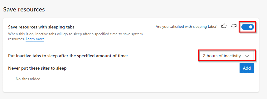 sleeping tabs settings in Edge
