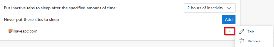editing or removing exclusions from sleeping tabs settings in Edge