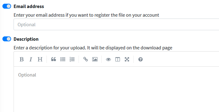 enabling email address and description for the uploaded file in GoFile 