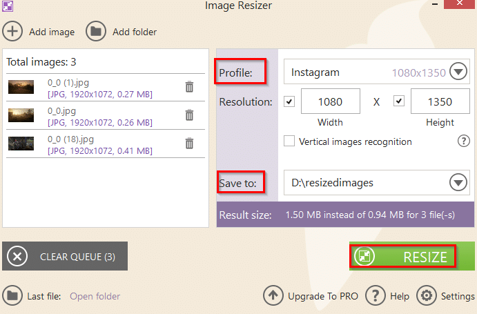 choosing the output profile settings for batch resizing with Image Resizer