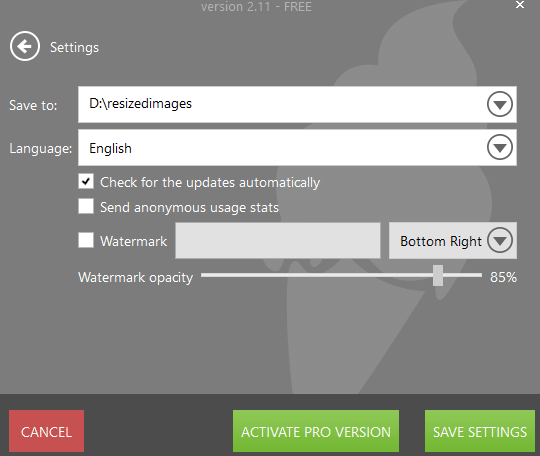 changing the default output path and interface language in Image Resizer