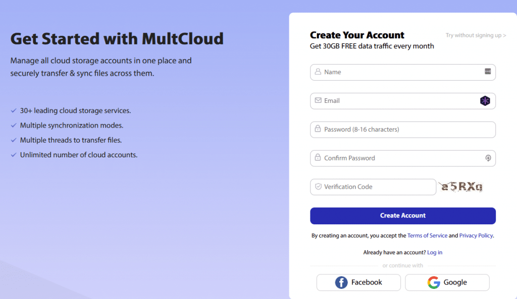 signing up for MultCloud account