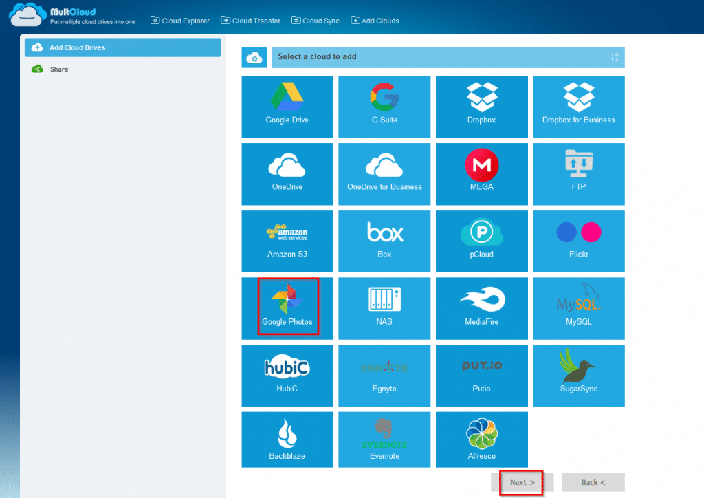 selecting Google Photos for adding to MultCloud 