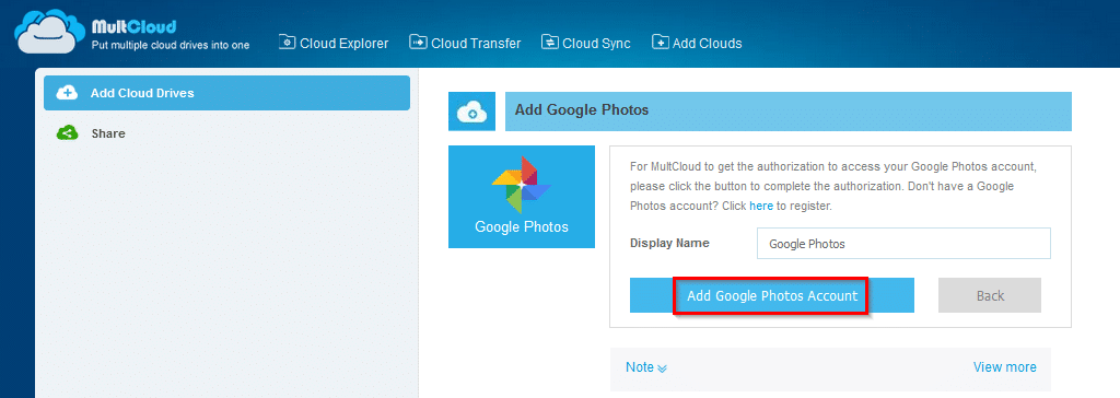 adding Google Photos storage to MultCloud 