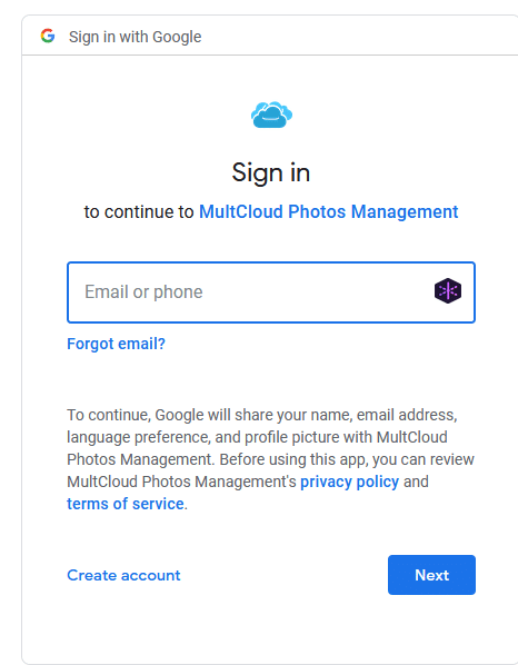 allowing access to Google Photos using MultCloud 