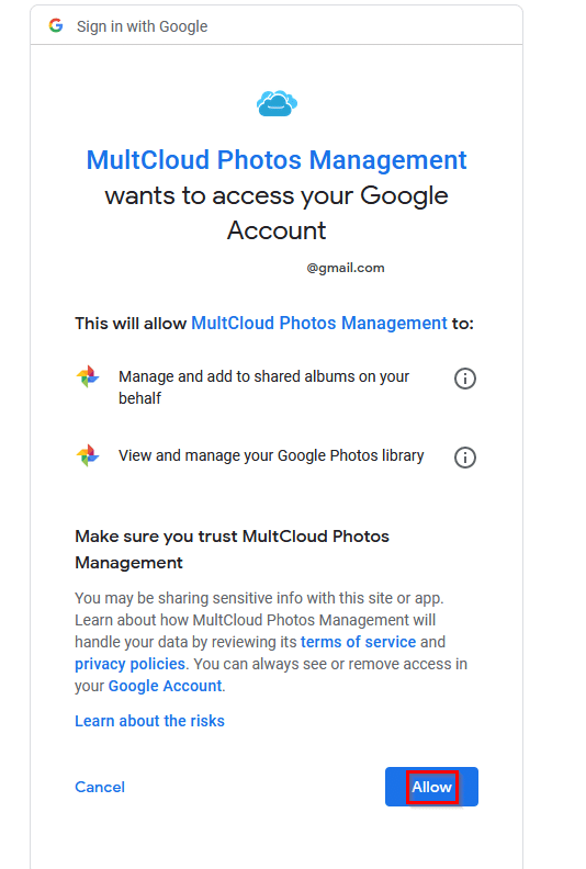 linking Google Photos account to MultCloud 