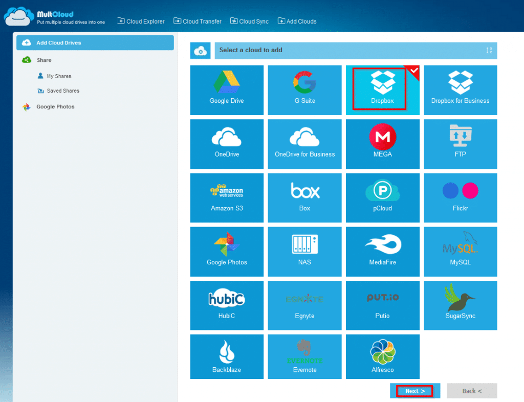choosing Dropbox for adding it to MultCloud 