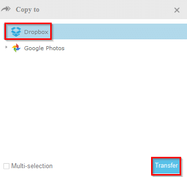 choosing Dropbox as the destination to copy Google Photos to