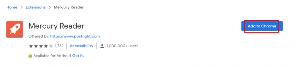 adding Mercury Reader from Chrome Web Store