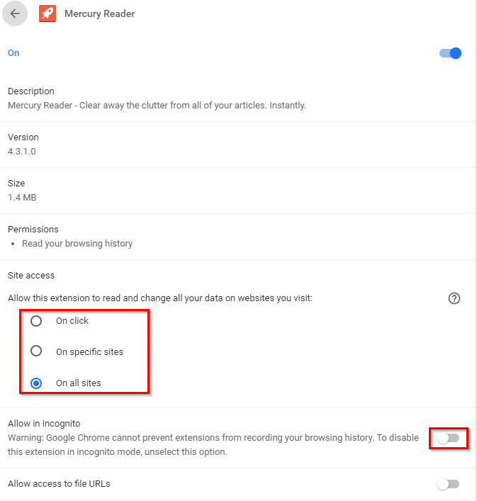 enabling Mercury Reader for specific or all sites and for incognito mode in Chrome
