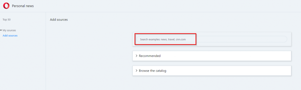 searching for topics and websites to add in Opera news