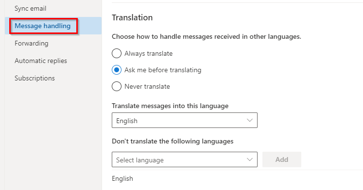 message handling options in Outlook.com