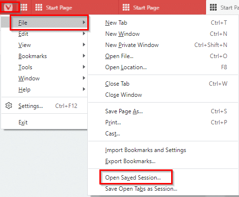 opening saved tabs session in Vivaldi