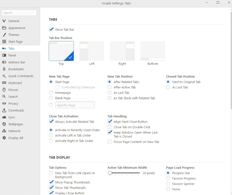 changing various tab settings in Vivaldi