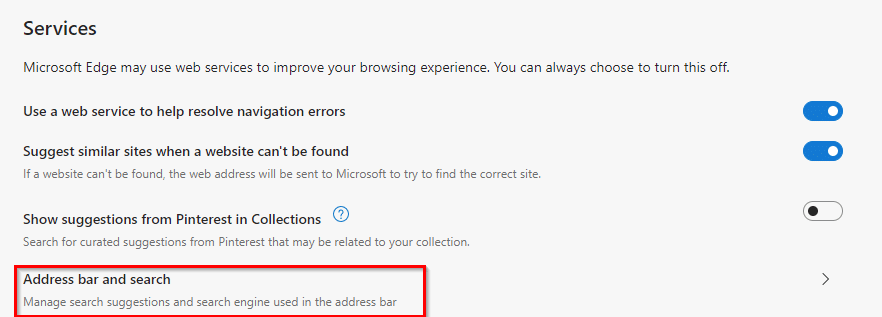 Address bar and search settings in Microsoft Edge