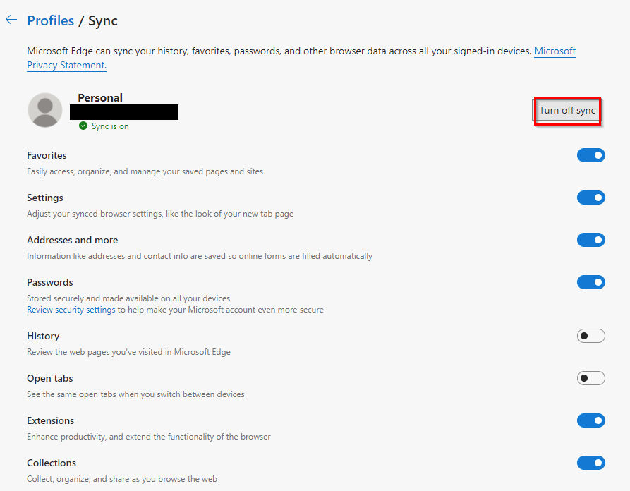 turn off sync in microsoft edge 