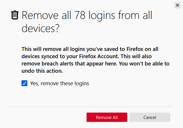 confirm removing all stored logins from Firefox Lockwise