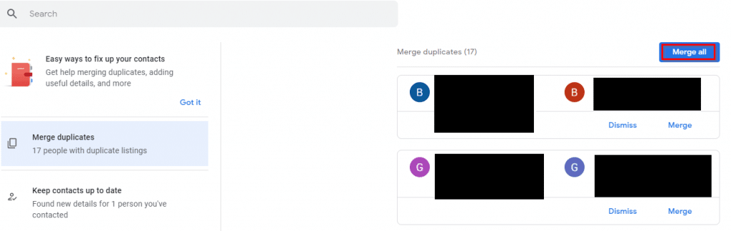merging duplicate contacts using Google Contacts