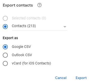 choosing CSV for exporting contacts using Google Contacts