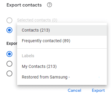 choosing what to export using Google Contacts