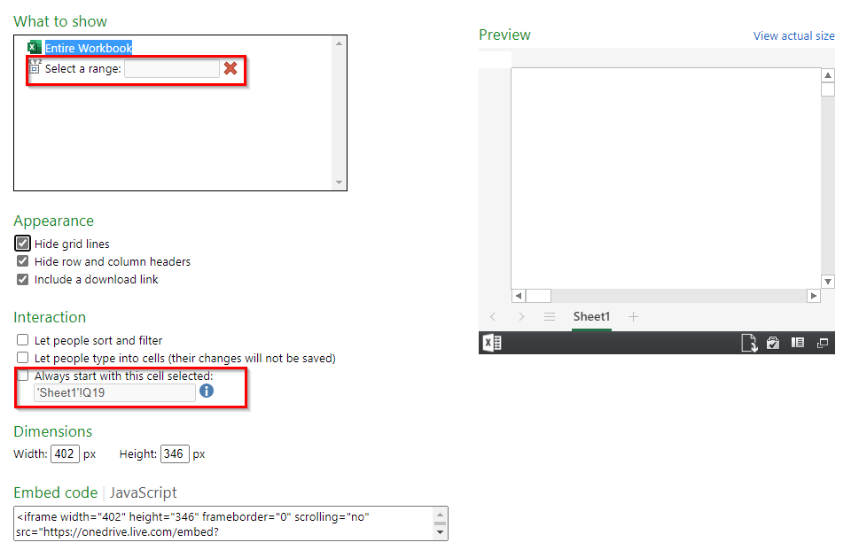 choosing a select cell range to display for embedded workbook from OneDrive