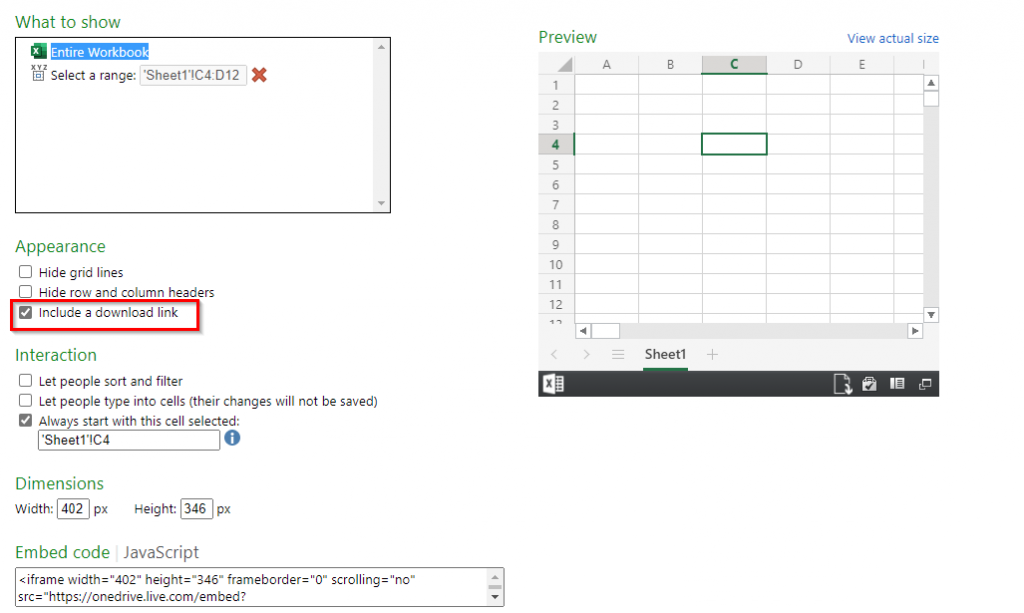 including a download link for embedding workbook from OneDrive