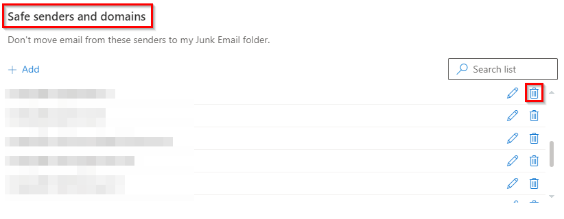 safe senders and domains options in Outlook.com